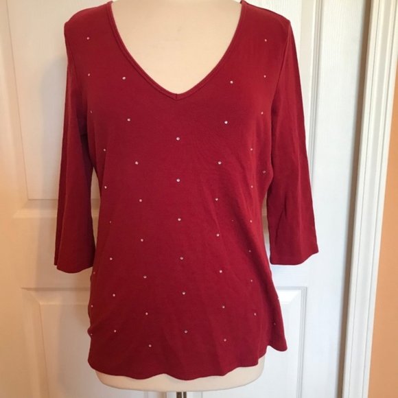 - Red 3/4 sleeve top with jewels L EUC - Picture 1 of 3